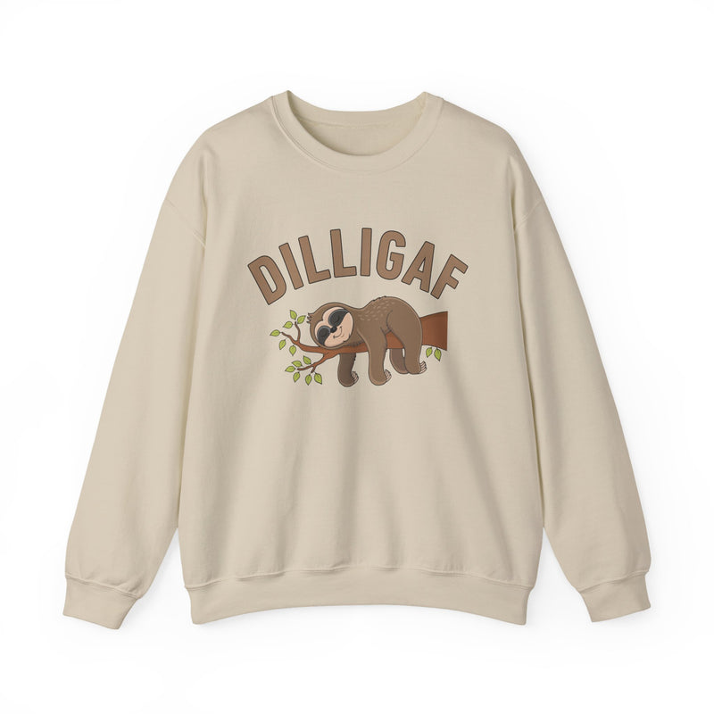 Sand sweatshirt with contrasting bold statement lettering with sloth graphic reading DILLIGAF, front flat-lay view.