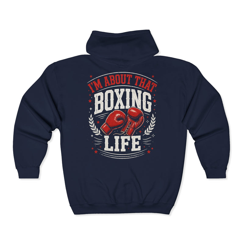 Navy zip hoodie with white and red lettering reading "I'M ABOUT THAT BOXING LIFE", back view.