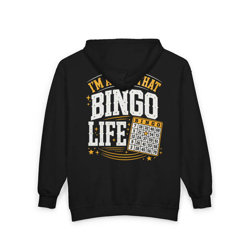 Black zip hoodie with gold and white bubble lettering reading I'M ABOUT THAT BINGO LIFE, back view.