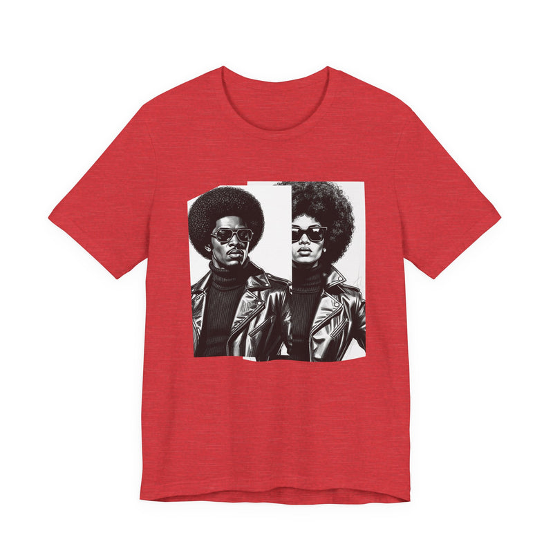 Red t-shirt featuring a 70s-style portrait design, flat-lay view.