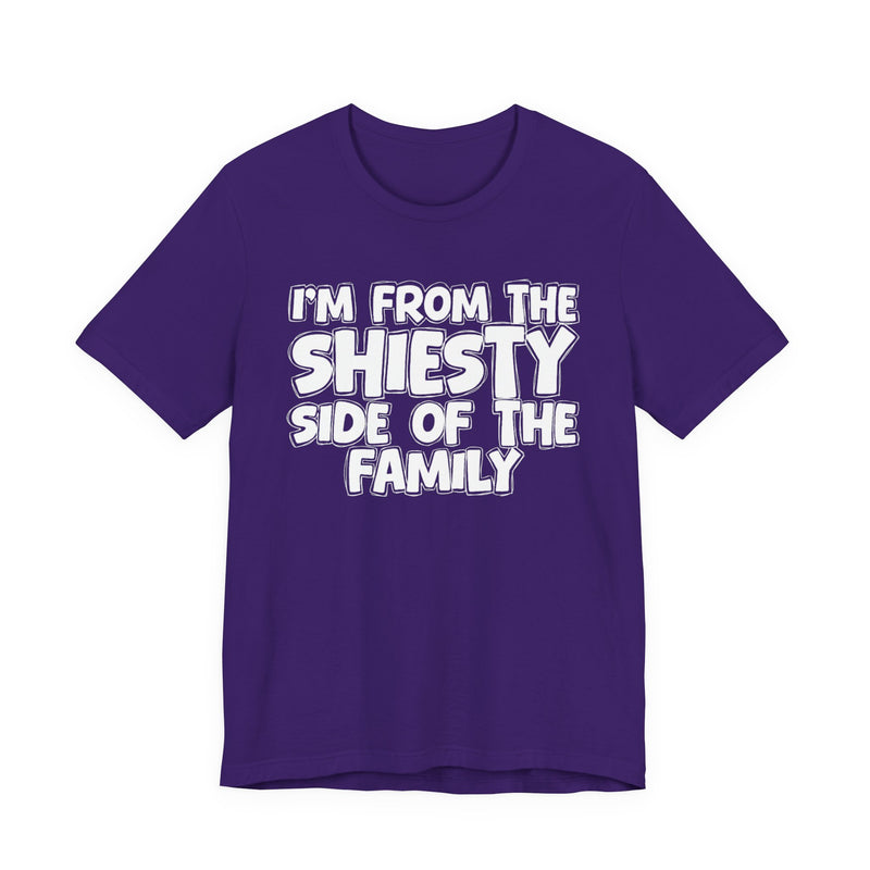 Soft Cream t-shirt with bold chest statement text reading 'I'M FROM THE SHIESTY SIDE OF THE FAMILY,' front flat-lay view.