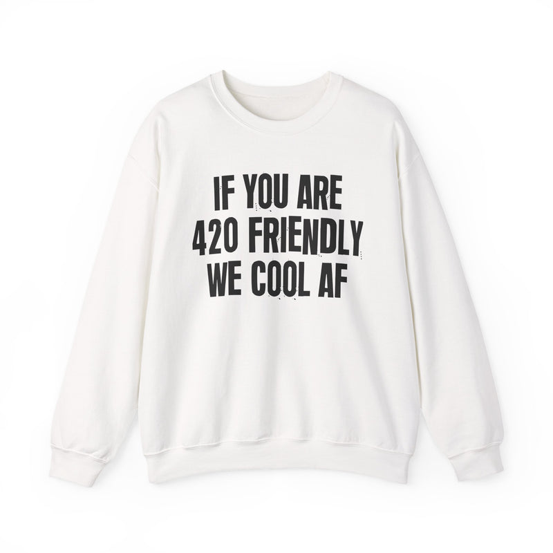 Sweatshirt with white block lettering reading IF YOU ARE 420 FRIENDLY WE COOL AF, fabric detail close-up. Street Talk Designs 420 friendly statement apparel.