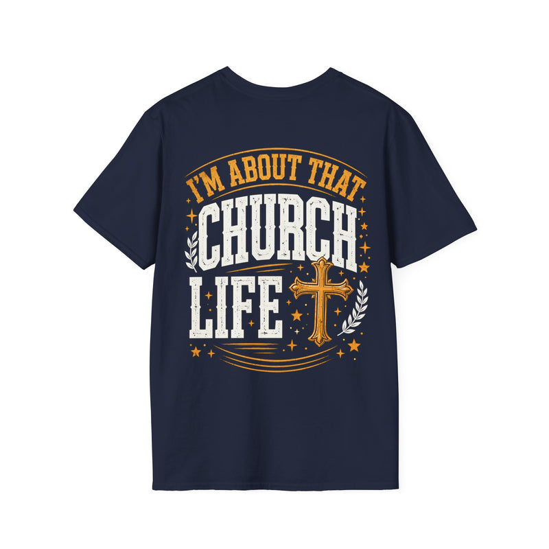 T-Shirt with text design reading “I'M ABOUT THAT CHURCH LIFE”, front view