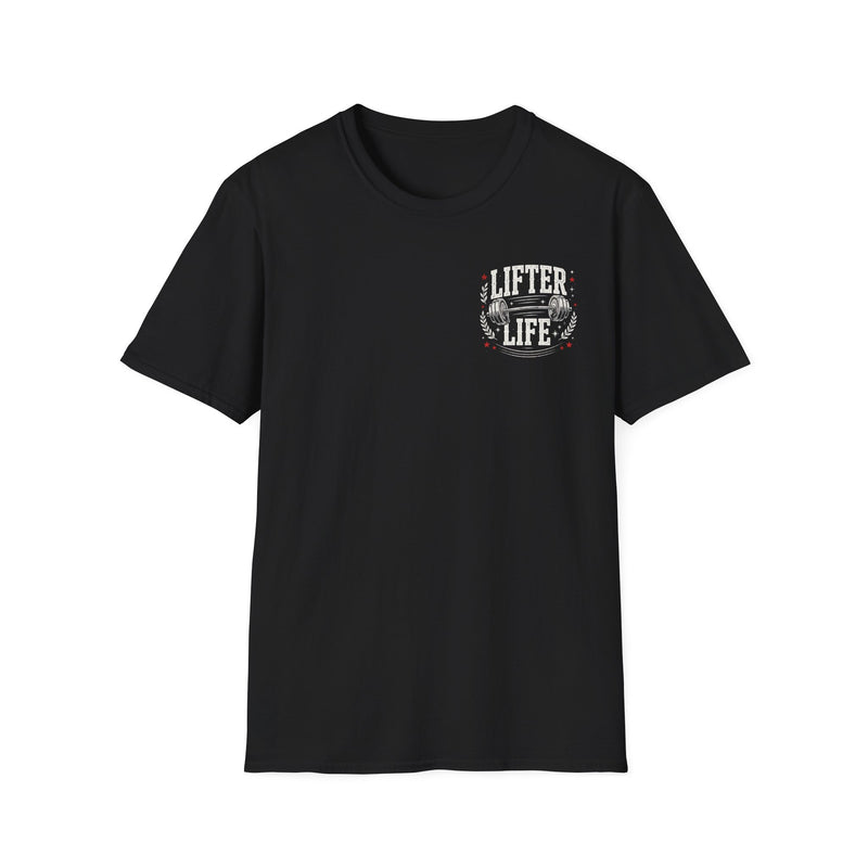 Black t-shirt with white and red bubble lettering reading I'M ABOUT THAT LIFTER LIFE, back.