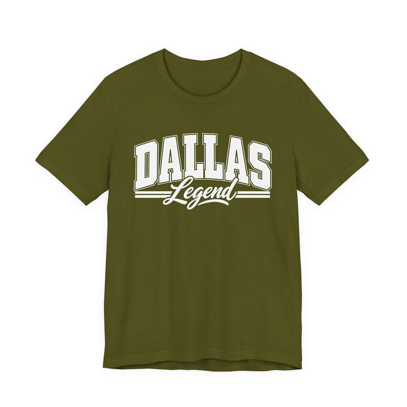 T-Shirt with collegiate lettering reading DALLAS LEGEND, front view.