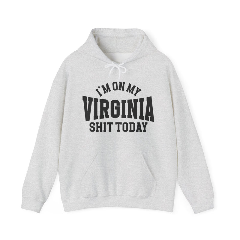 Hoodie product photo with arched collegiate lettering reading "I'M ON MY" over large block letters reading "VIRGINIA" with "SHIT TODAY" beneath, front view.