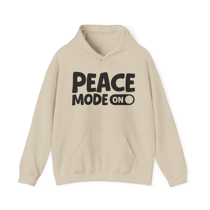 Sand hoodie with black bold lettering reading "PEACE MODE ON", front flat-lay view.