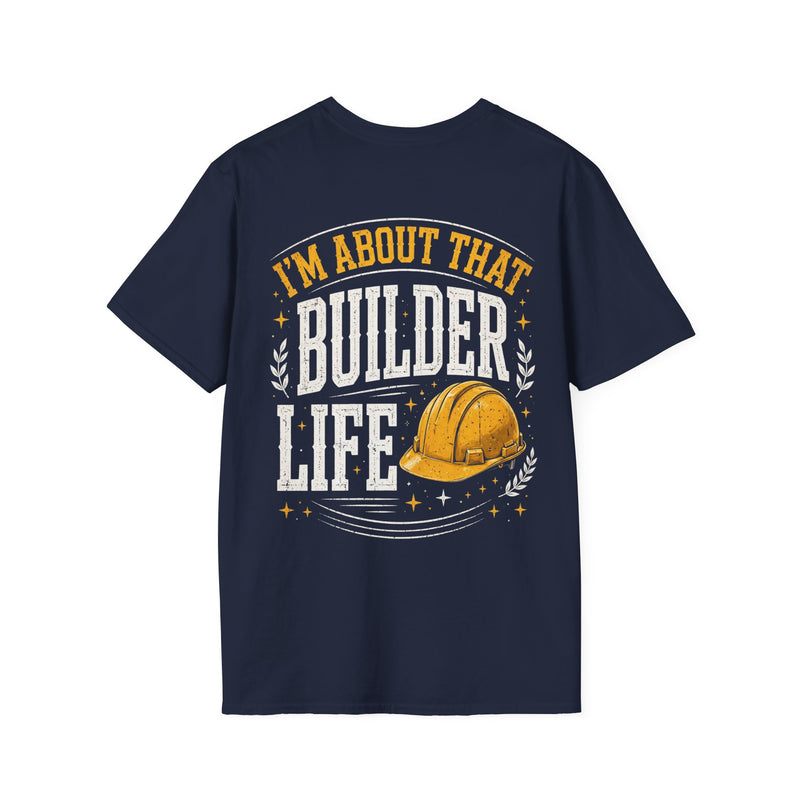 Navy t-shirt with white and orange distressed trade lettering reading BUILDER LIFE, front view (left-chest print).
