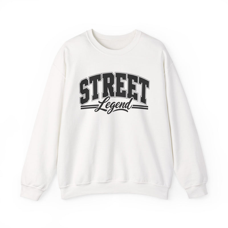 Sweatshirt product with collegiate lettering reading STREET LEGEND, alternate view.
