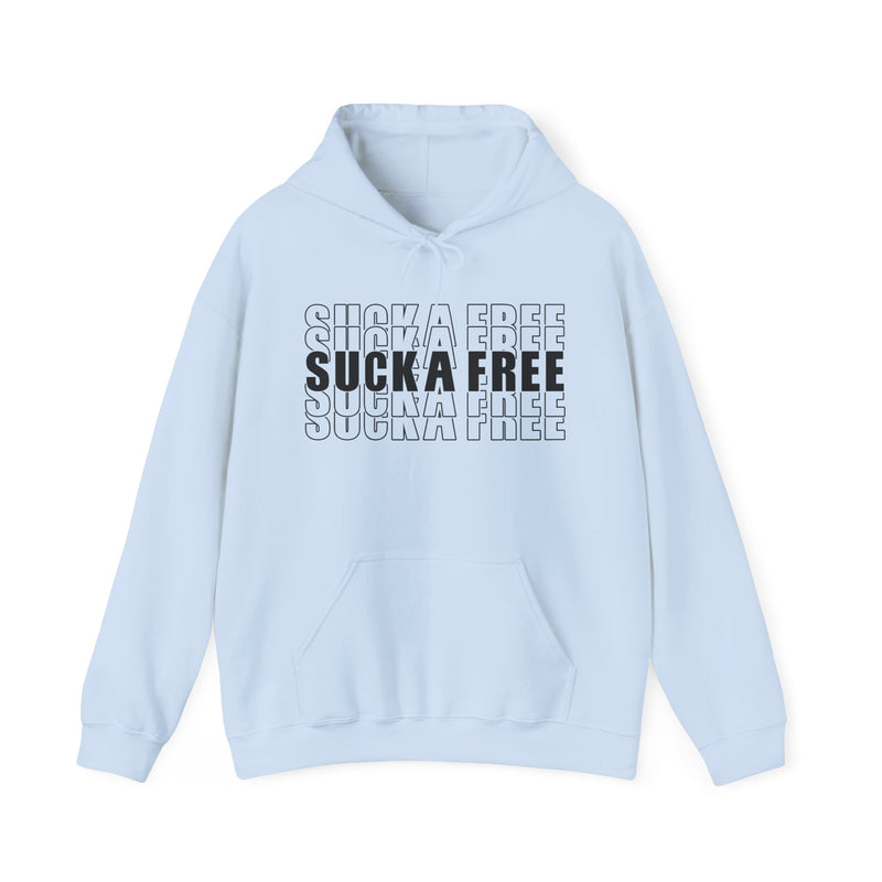 Royal blue hoodie with white bubble lettering reading SUCKA FREE, front.