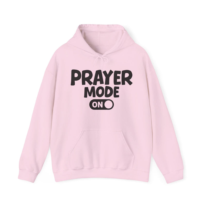 Hoodie with text design reading “PRAYER MODE ON”, front view