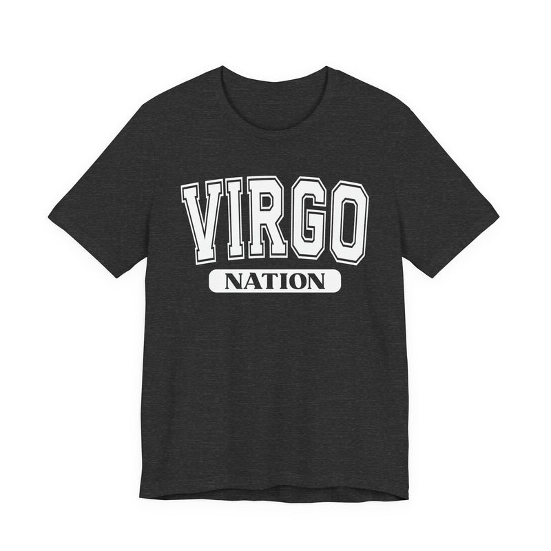 Deep Heather t-shirt with white arched collegiate VIRGO lettering over a NATION banner, front view.