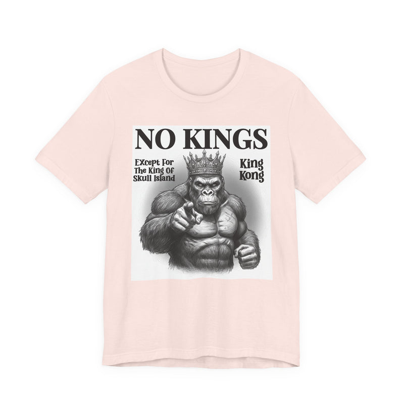 No Kings Except For The King Of Skull Island — T-Shirt fabric detail close-up: NO KINGS EXCEPT FOR THE KING OF SKULL ISLAND in bold statement lettering. Street Talk Designs politics and power statement apparel.