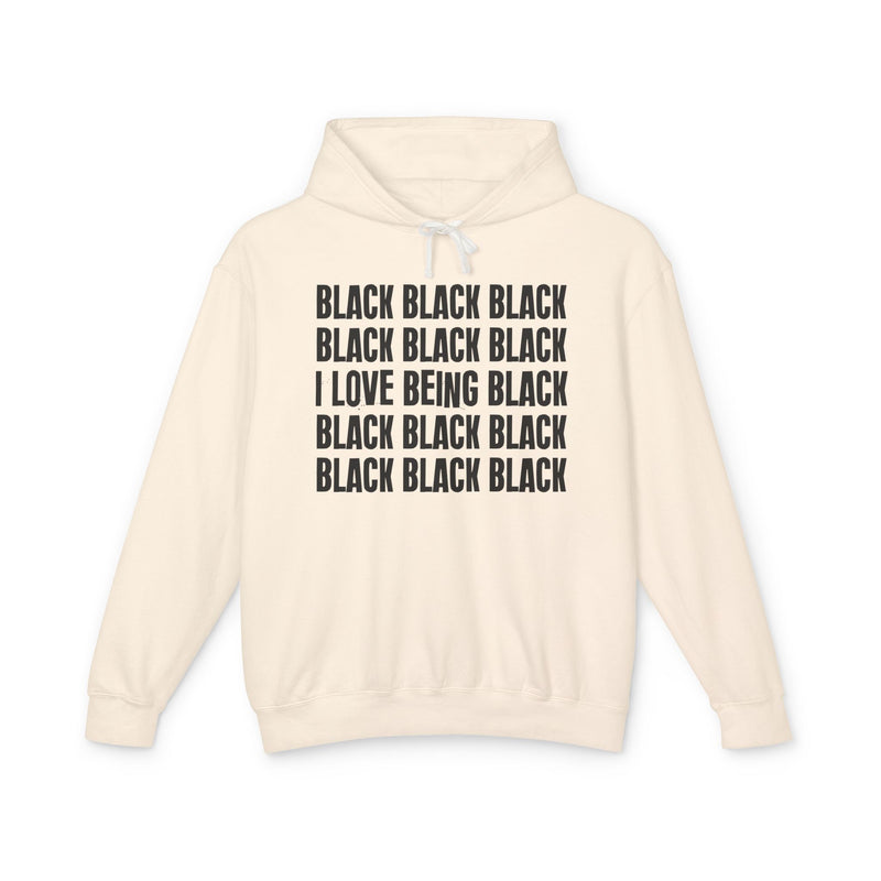 I LOVE BEING BLACK — Hoodie fabric detail close-up: BLACK (repeated) / I LOVE BEING BLACK. Street Talk Designs old school statement apparel.