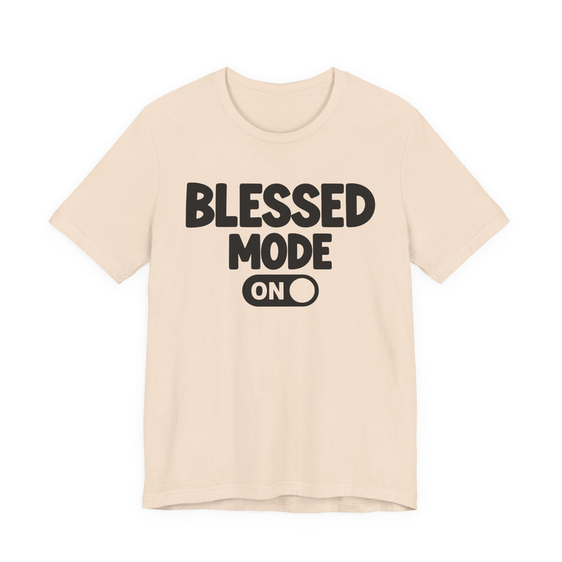 T-Shirt with text design reading “PRAISE MODE ON”, front view