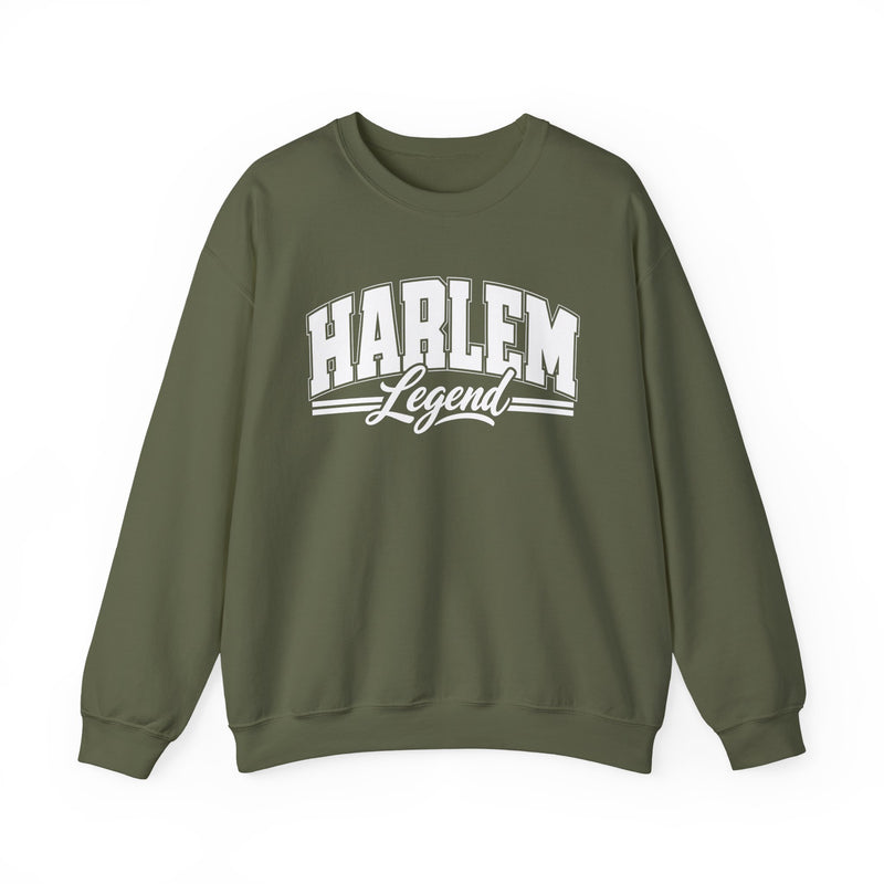 Sweatshirt product with collegiate lettering reading HARLEM LEGEND, lifestyle view.