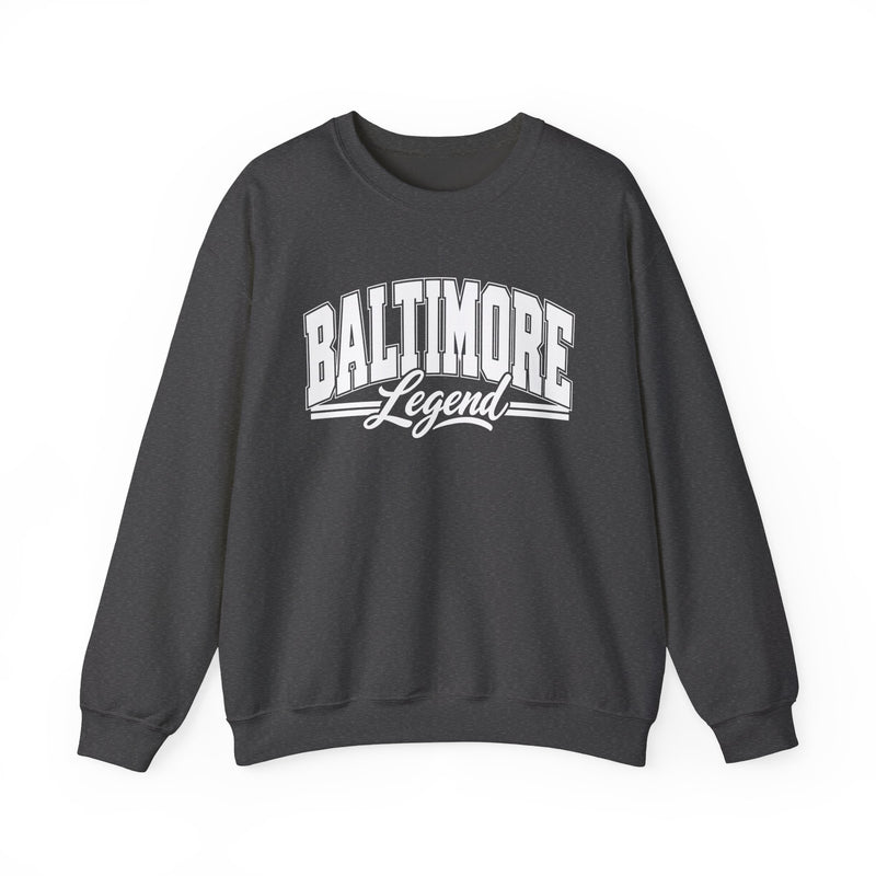 Sweatshirt product with collegiate lettering reading BALTIMORE LEGEND, front view.