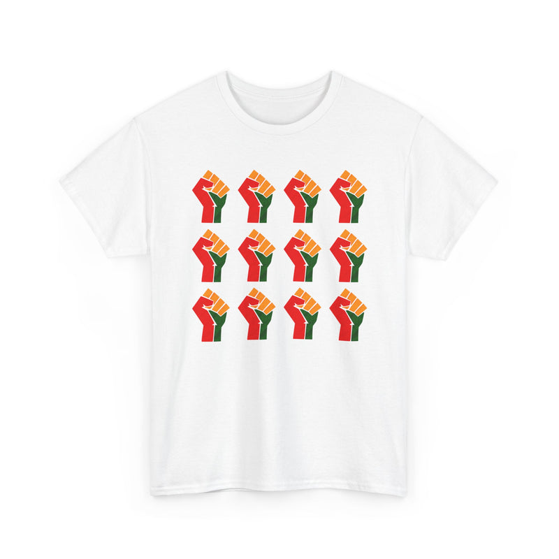 White t-shirt with a clean 3-by-4 grid pattern of twelve red, black, and green raised-fist icons, front view.