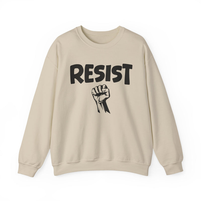 Sand sweatshirt with black lettering reading "RESIST", front flat-lay view.