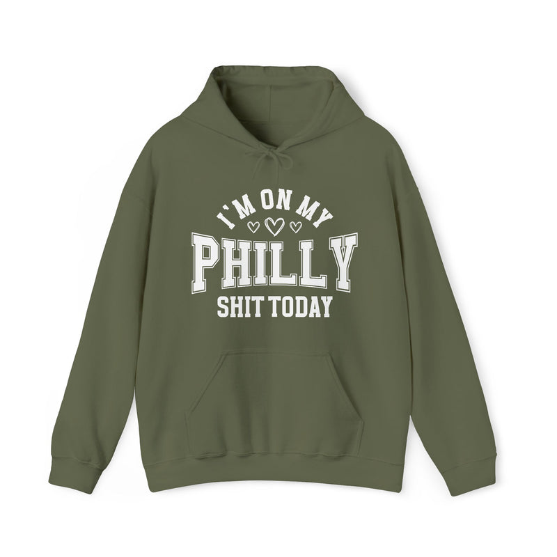 Hoodie with bold lettering reading I'M ON MY PHILLY SHIT TODAY, in a heart-accented design, product view.