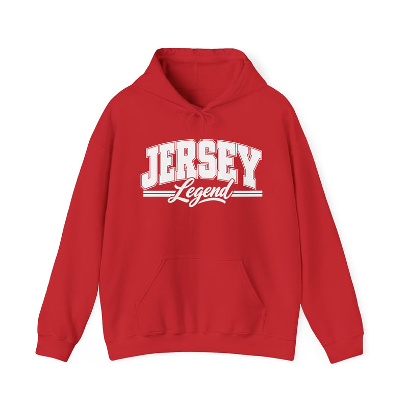 Hoodie product photo with arched collegiate block lettering reading "JERSEY" with the word "Legend" in script beneath, front view.