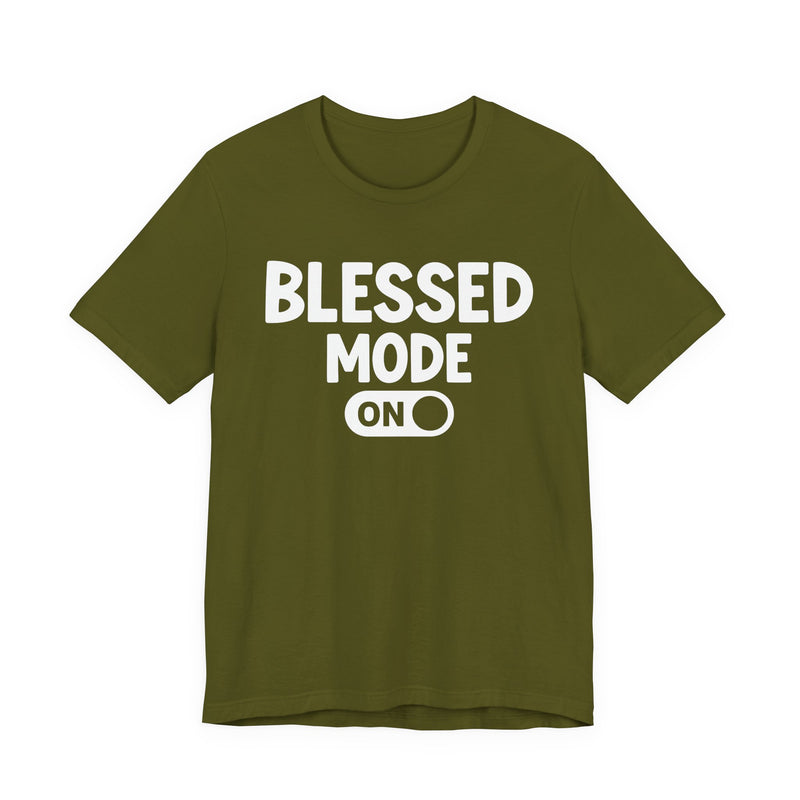 T-Shirt with text design reading “PRAISE MODE ON”, front view