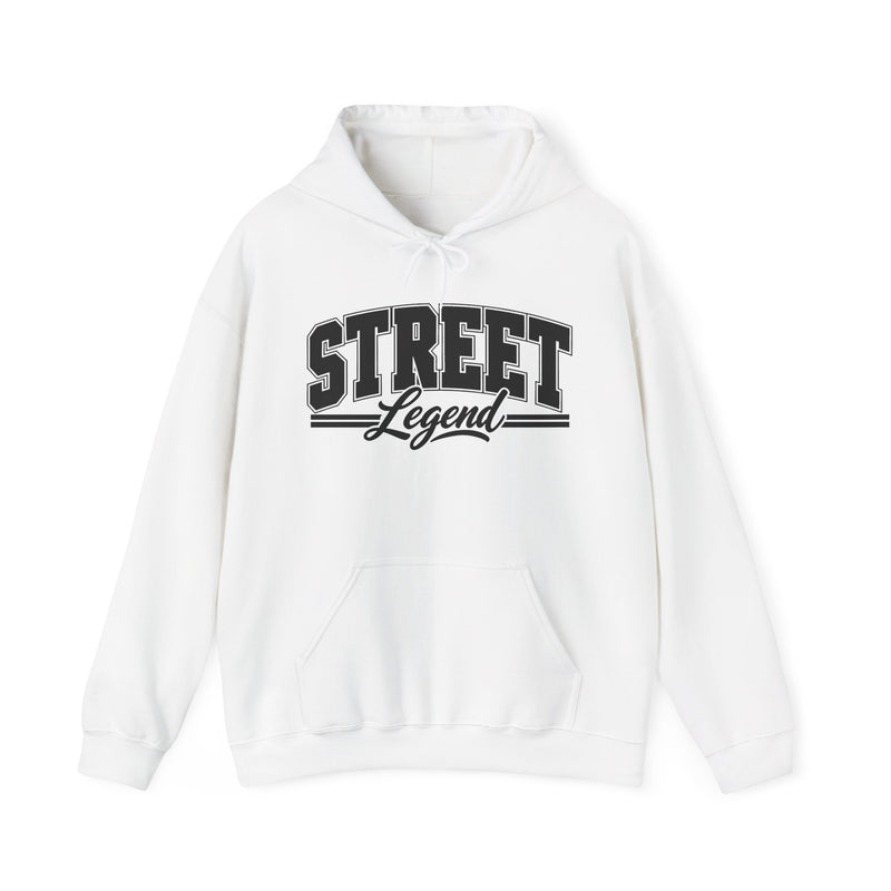 Hoodie product with collegiate lettering reading STREET LEGEND, alternate view.