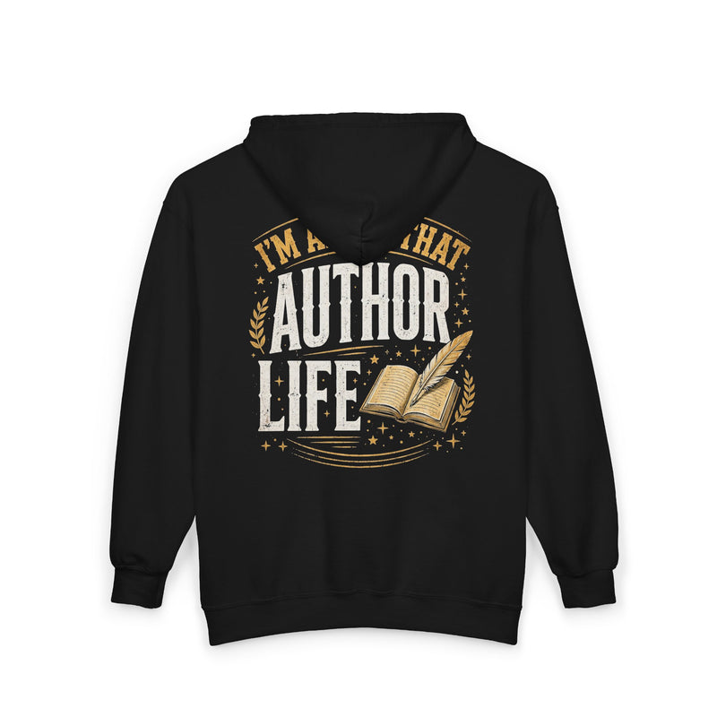 Black zip hoodie with gold and white bubble lettering reading I'M ABOUT THAT AUTHOR LIFE, back view.