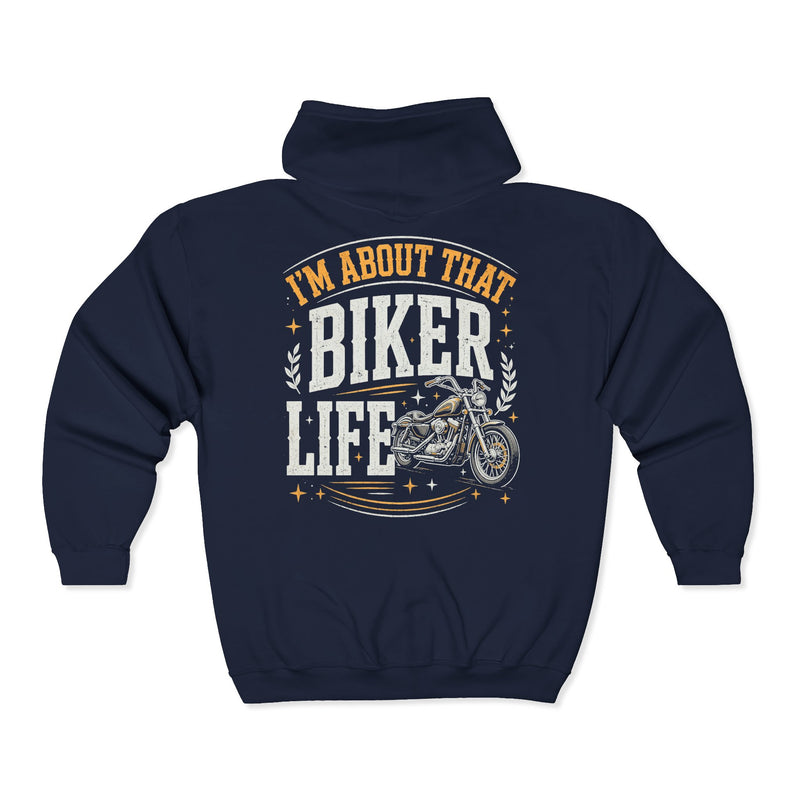 Black hoodie with white and gold bubble lettering reading I'M ABOUT THAT BIKER LIFE, alternate view.
