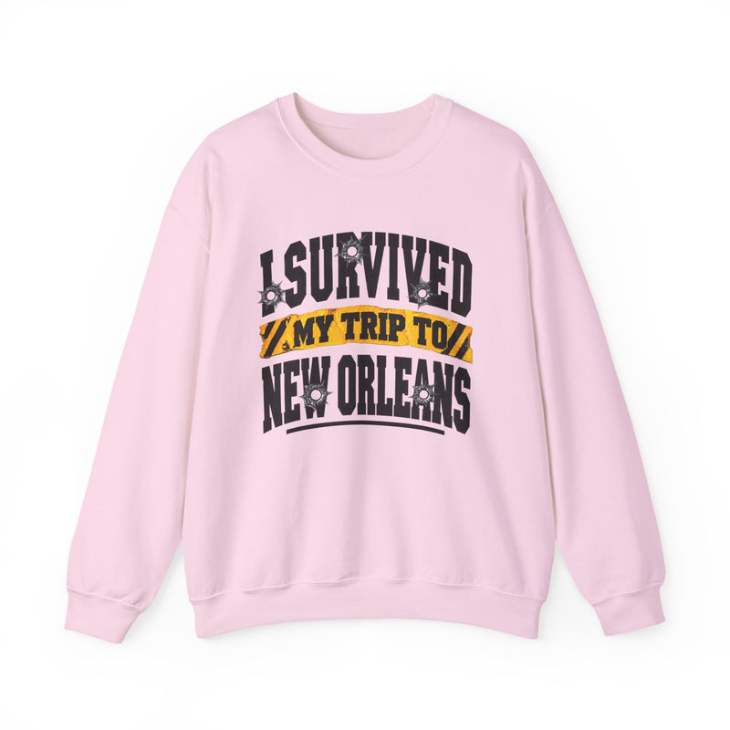 Sweatshirt product with collegiate lettering reading I SURVIVED MY TRIP TO NEW ORLEANS, flat lay.