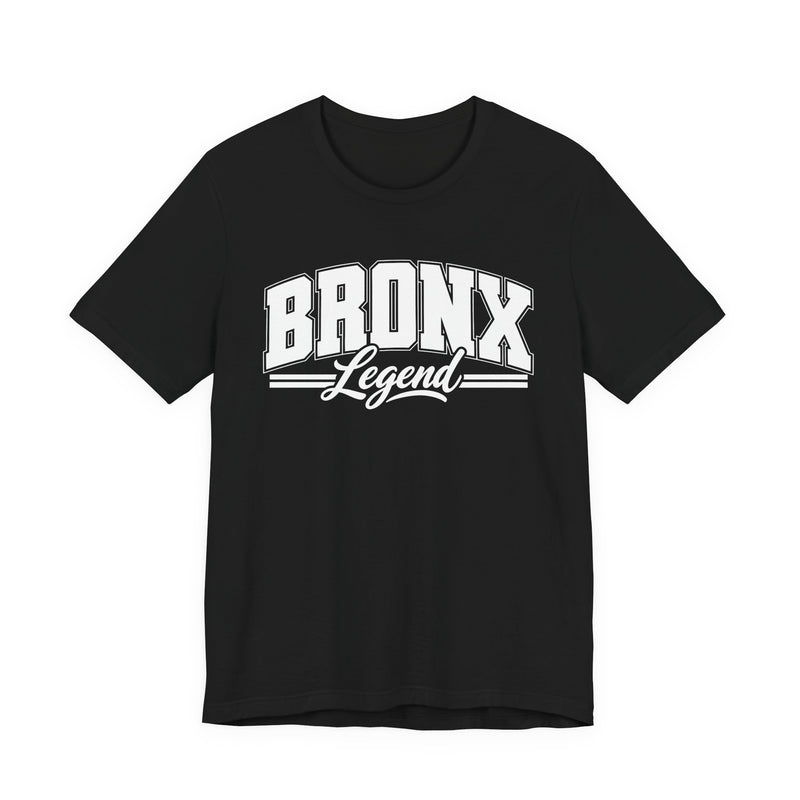 T-Shirt product photo with arched collegiate block lettering reading "BRONX" with the word "Legend" in script beneath, front view.