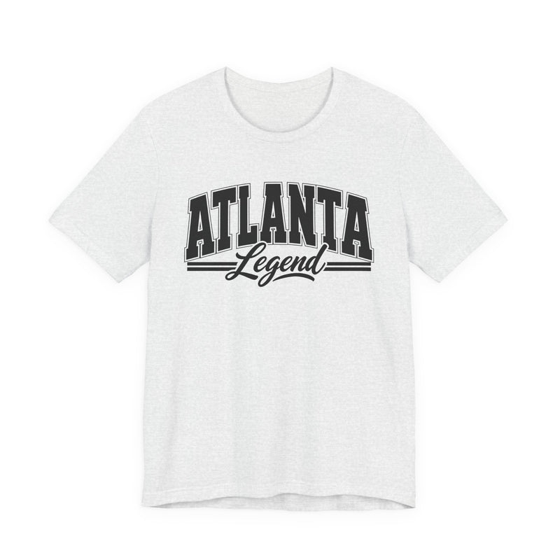 White t-shirt with black varsity block and script lettering reading ATLANTA LEGEND, front flat-lay view.