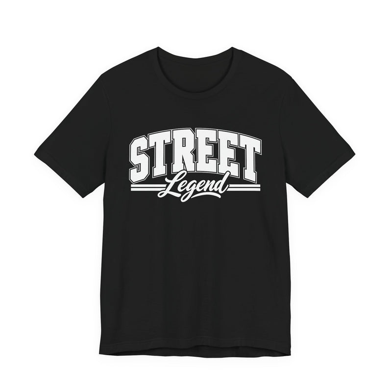 T-Shirt product with collegiate lettering reading STREET LEGEND, on-model view.