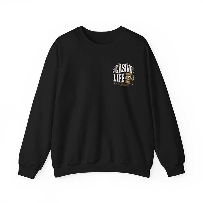 Black sweatshirt with white and gold bubble lettering reading I'M ABOUT THAT CASINO LIFE, alternate view.