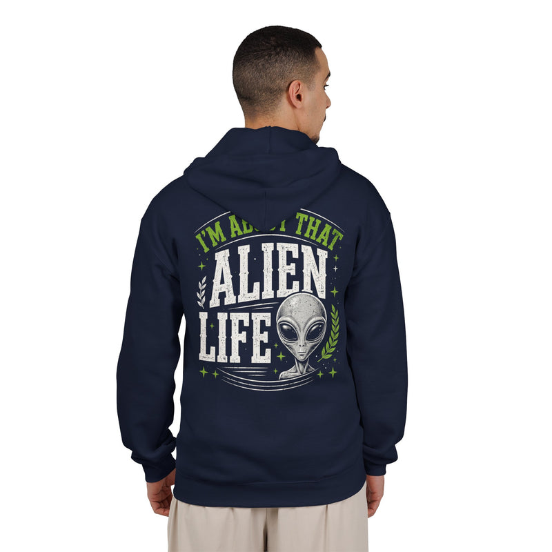 Navy zip hoodie with small I'M ABOUT THAT ALIEN LIFE chest emblem, alternate view.