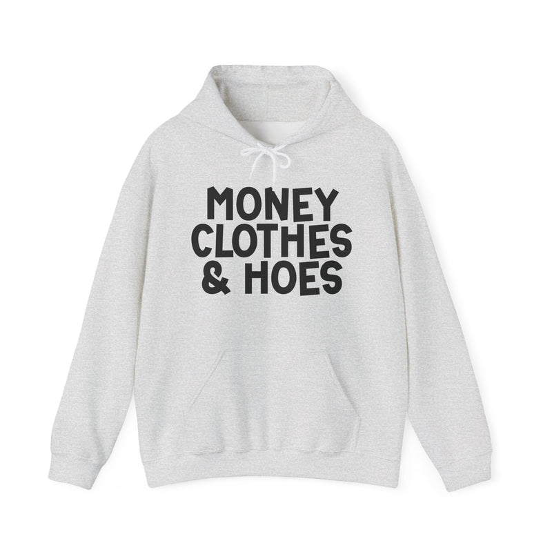 Hoodie in Ash with lettering reading "MONEY CLOTHES & HOES", front view.