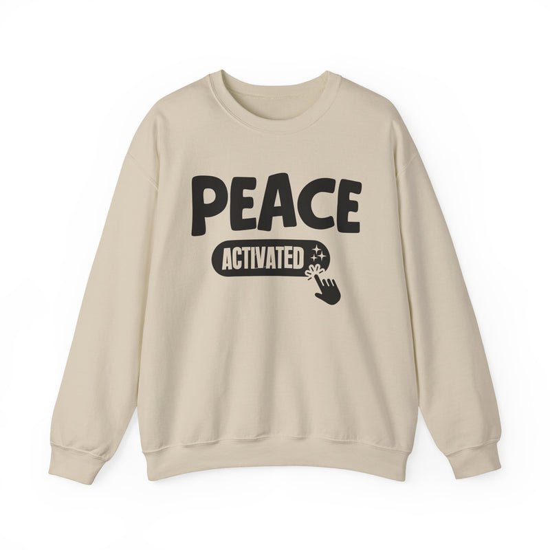 Sweatshirt product with white and teal lettering reading PEACE ACTIVATED, alternate view.