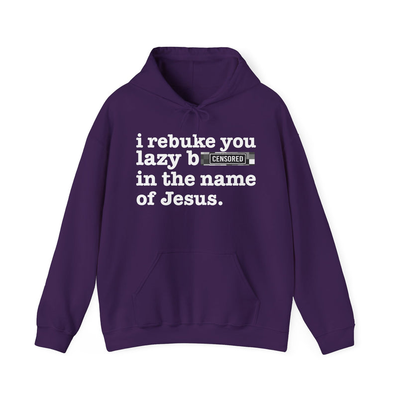 Charcoal hoodie with white lettering reading I REBUKE YOU LAZY BITCHES IN THE NAME OF JESUS, front view.