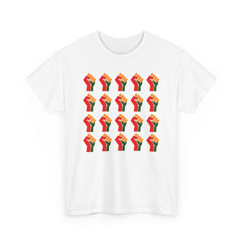 White t-shirt with a 4-by-5 grid pattern of twenty red, black, and green raised-fist icons, front view.