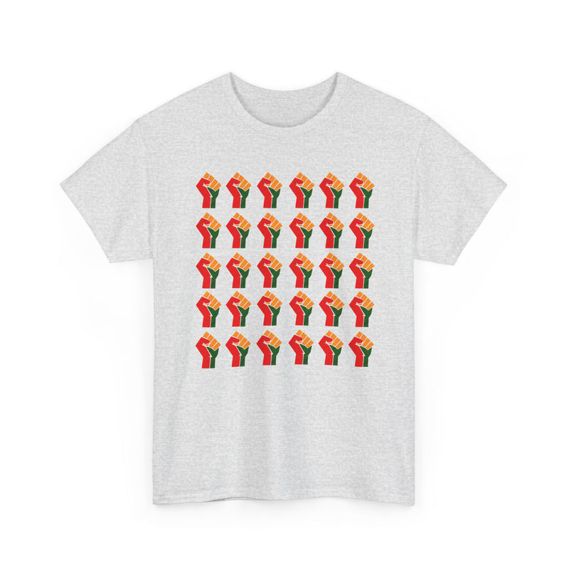Ash gray t-shirt with a dense 6-by-5 grid pattern of thirty red, black, and green raised-fist icons, front view.