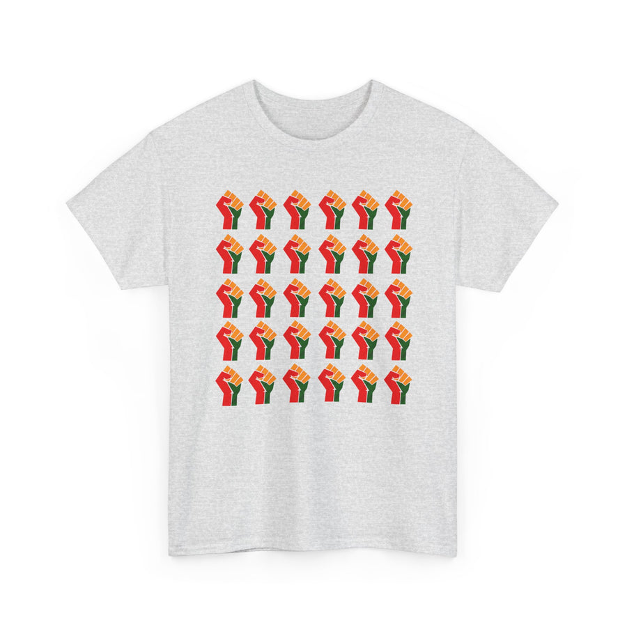 Ash gray t-shirt with a dense 6-by-5 grid pattern of thirty red, black, and green raised-fist icons, front view.
