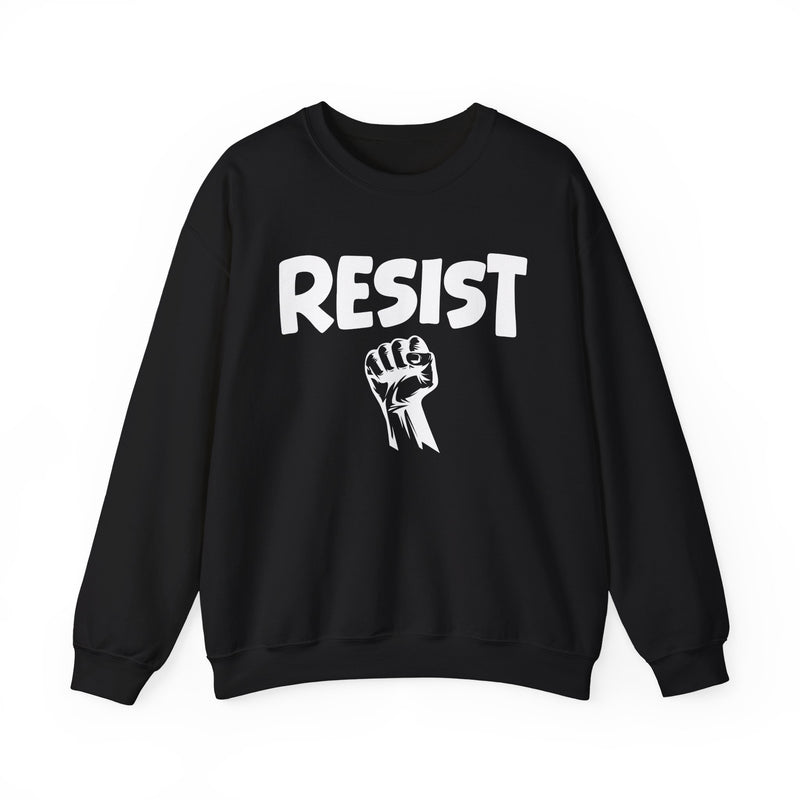 Black sweatshirt with white lettering reading "RESIST", front flat-lay view.