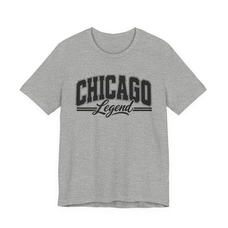T-Shirt product with collegiate lettering reading CHICAGO LEGEND, lifestyle view.