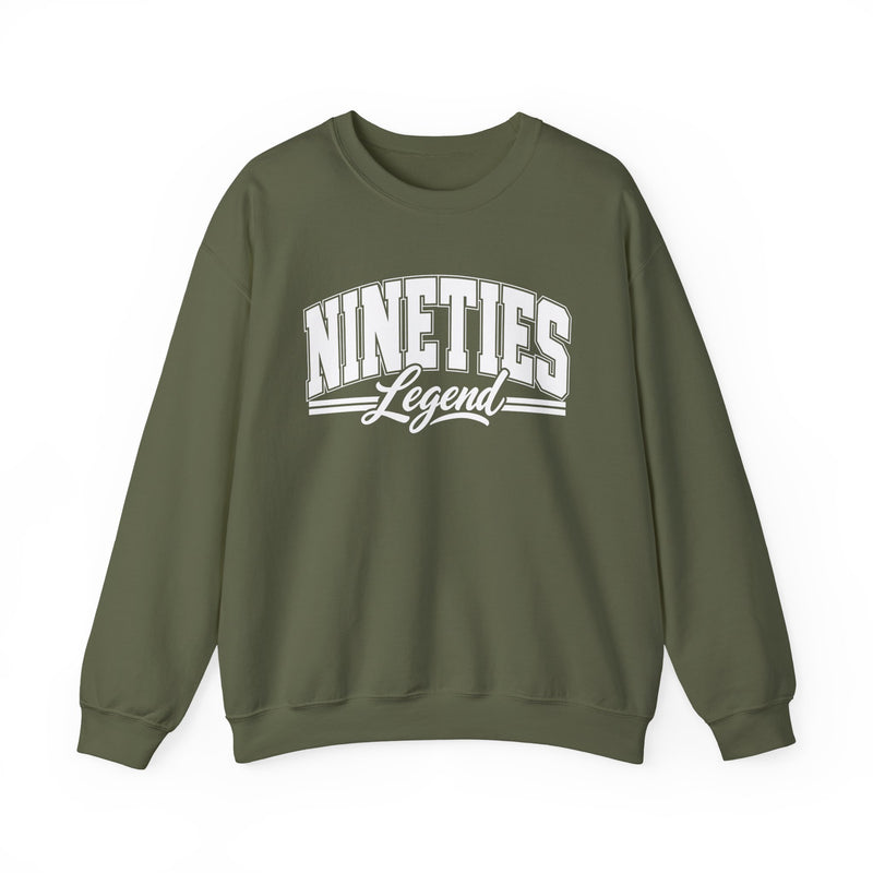 Sweatshirt with bold lettering reading NINETIES LEGEND, product view.