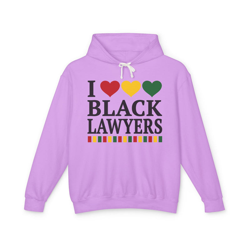 Front flat-lay of the I Love Black Lawyers hoodie in Neon Violet: white 'I' with red, gold, and green hearts above white 'BLACK LAWYERS' collegiate lettering, with a red, gold, and green stripe bar beneath the text.