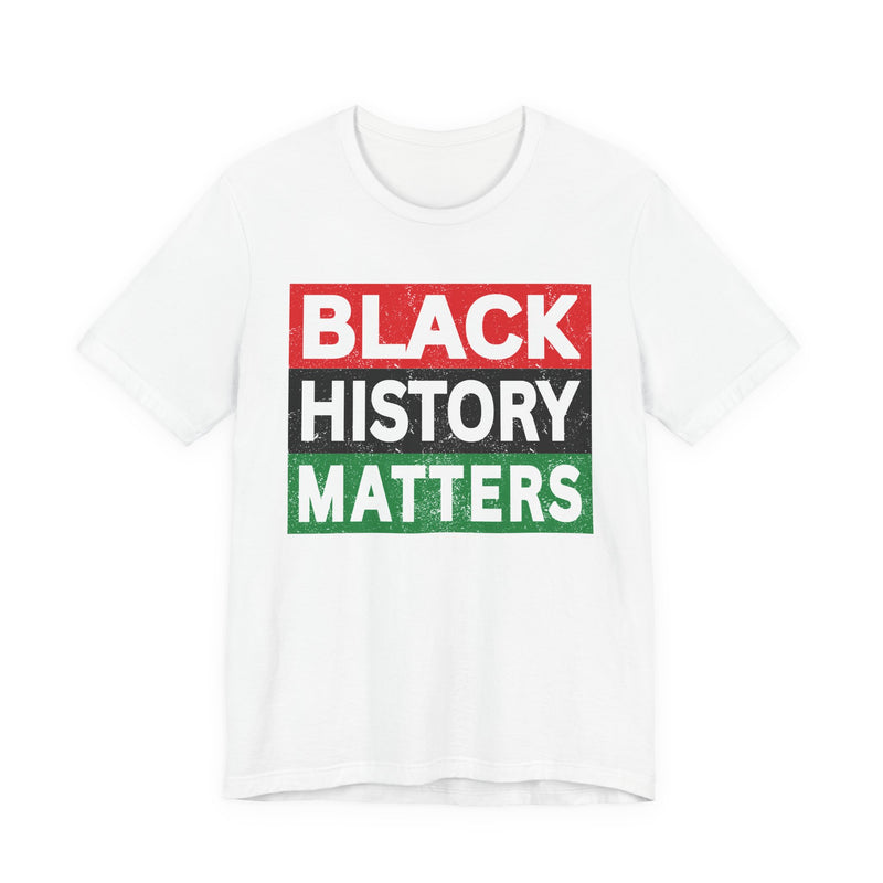 Athletic Heather t-shirt with ‘BLACK HISTORY MATTERS’ in block letters on red, black and green bars graphic in light-contrast print, front flat-lay mockup view