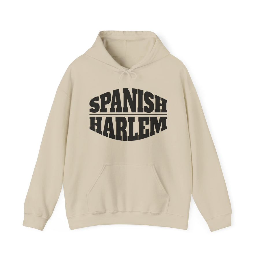 Sand hoodie with black SPANISH HARLEM collegiate graphic print — SPANISH arched over a divider line above straight HARLEM, front view.