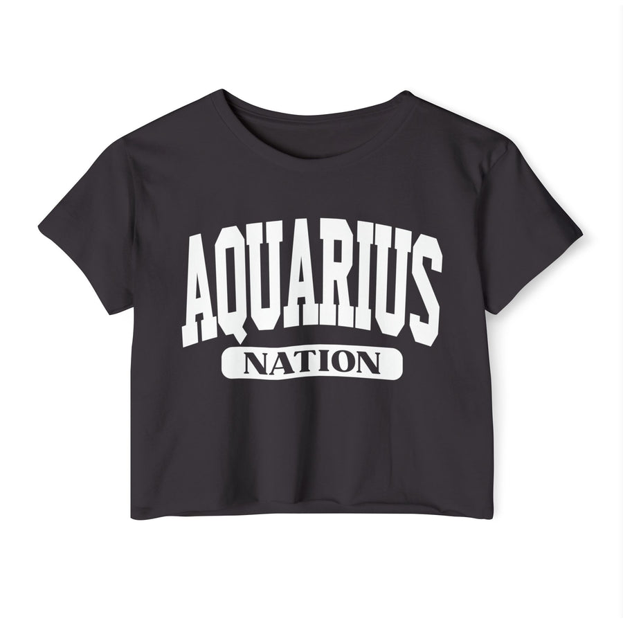Black crop top with white arched AQUARIUS collegiate lettering and NATION banner below, front view