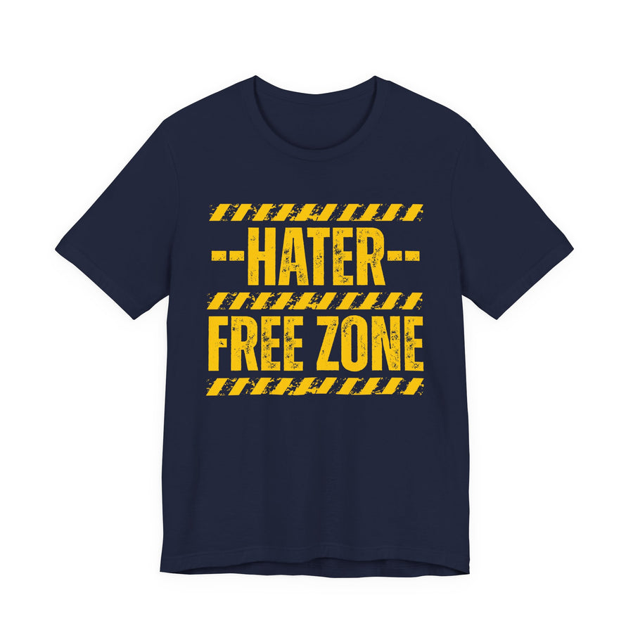 Navy-color tee with distressed yellow lettering reading HATER FREE ZONE, front.