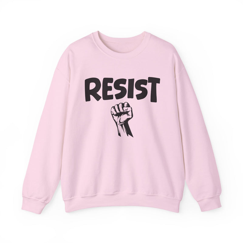 Light pink sweatshirt with black lettering reading "RESIST", front flat-lay view.